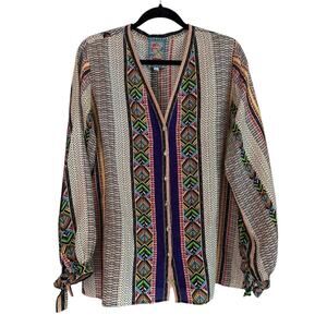 Johnny Was Silk Boho Blouse L Geometric Tribal Print Wrist Tie Button Front